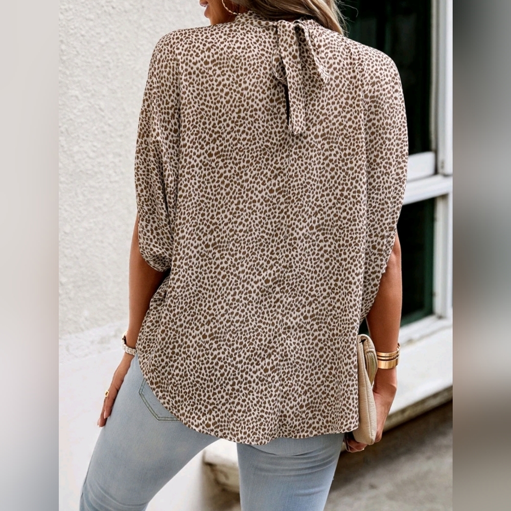 New Luxe Flowy Dot Print Tie Dolman Sleeve Top Blouse Brown Tan Khaki Cream - Picture 5 of 8